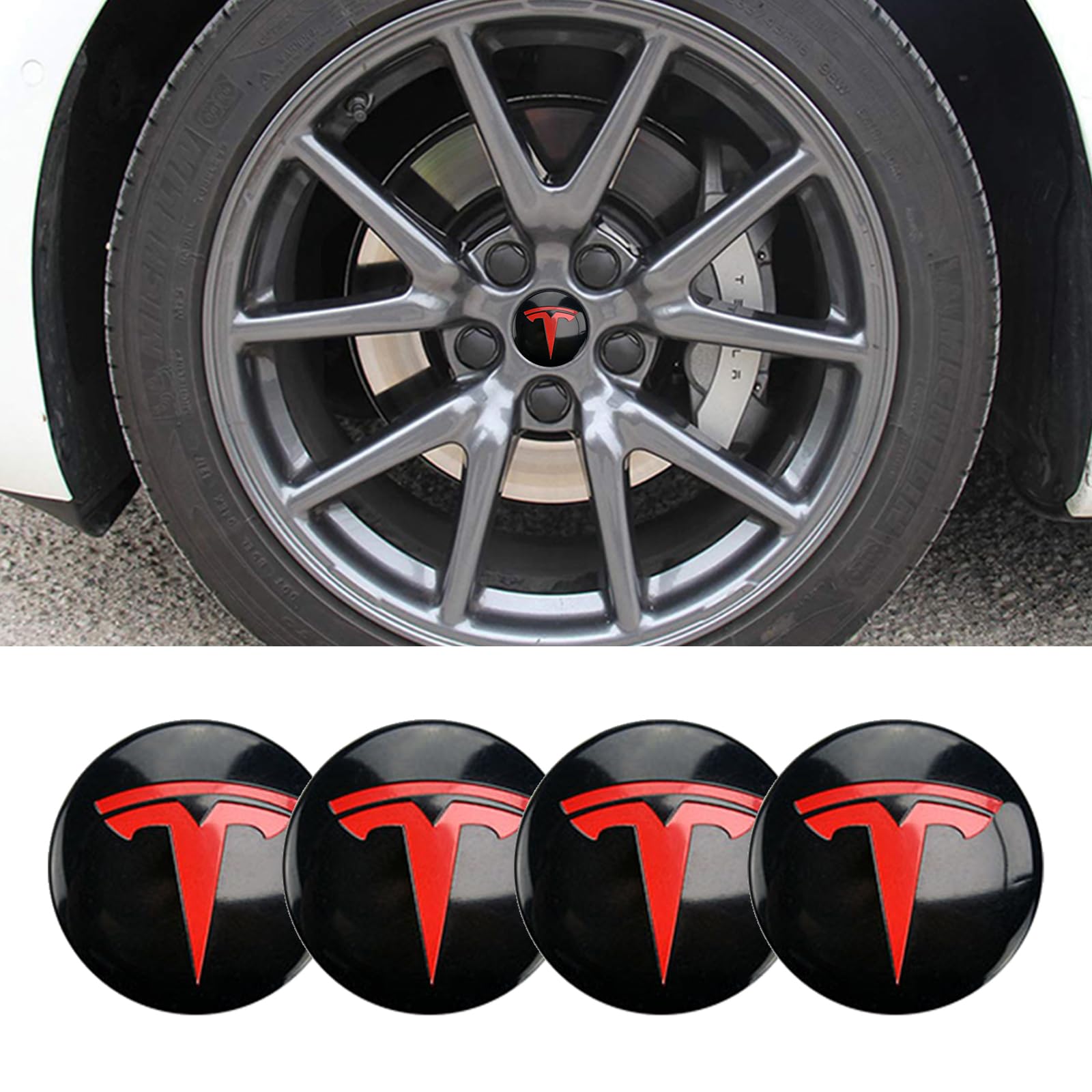 DSI - Wheel Cover Center Emblem Sticker for Tesla Model 3 Model Y Hubcaps Wheel Rim Cover Red Emblem & Gloss Black Background (4PCS) (Black& Red)