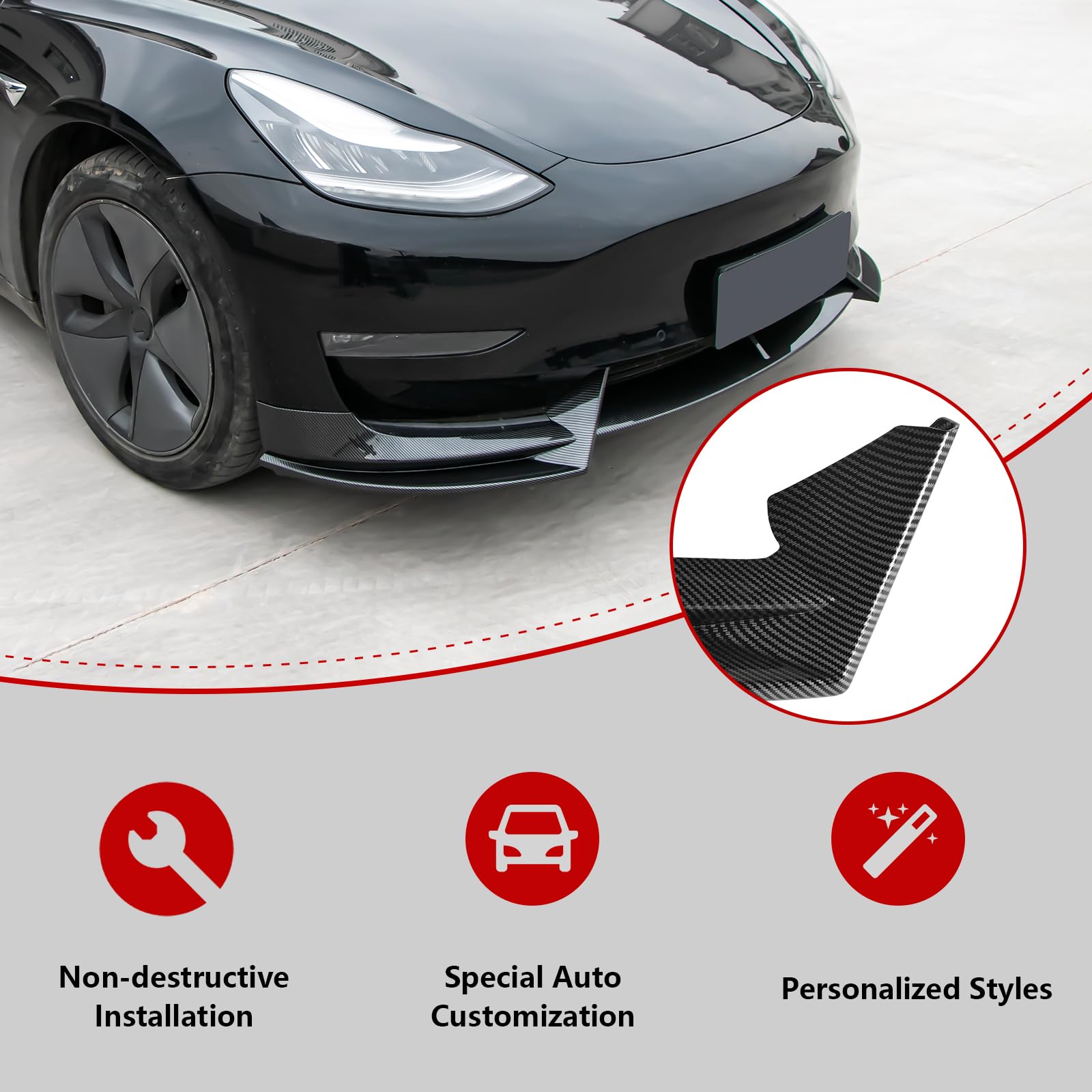DSI - Carbon Fiber Front Lip Compatible with 2017-2023 Tesla Model 3, Front Bumper Splitter Protector Body Kit