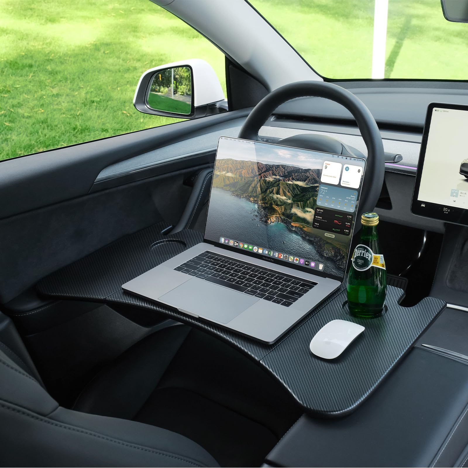 DSI - Foldable Desk Food Tray (Carbon Edition) for Tesla Model Y Model 3 S X Y Juniper- Upgraded Table with Support Leg for Dining, in-Car Work, Travel and Outdoor