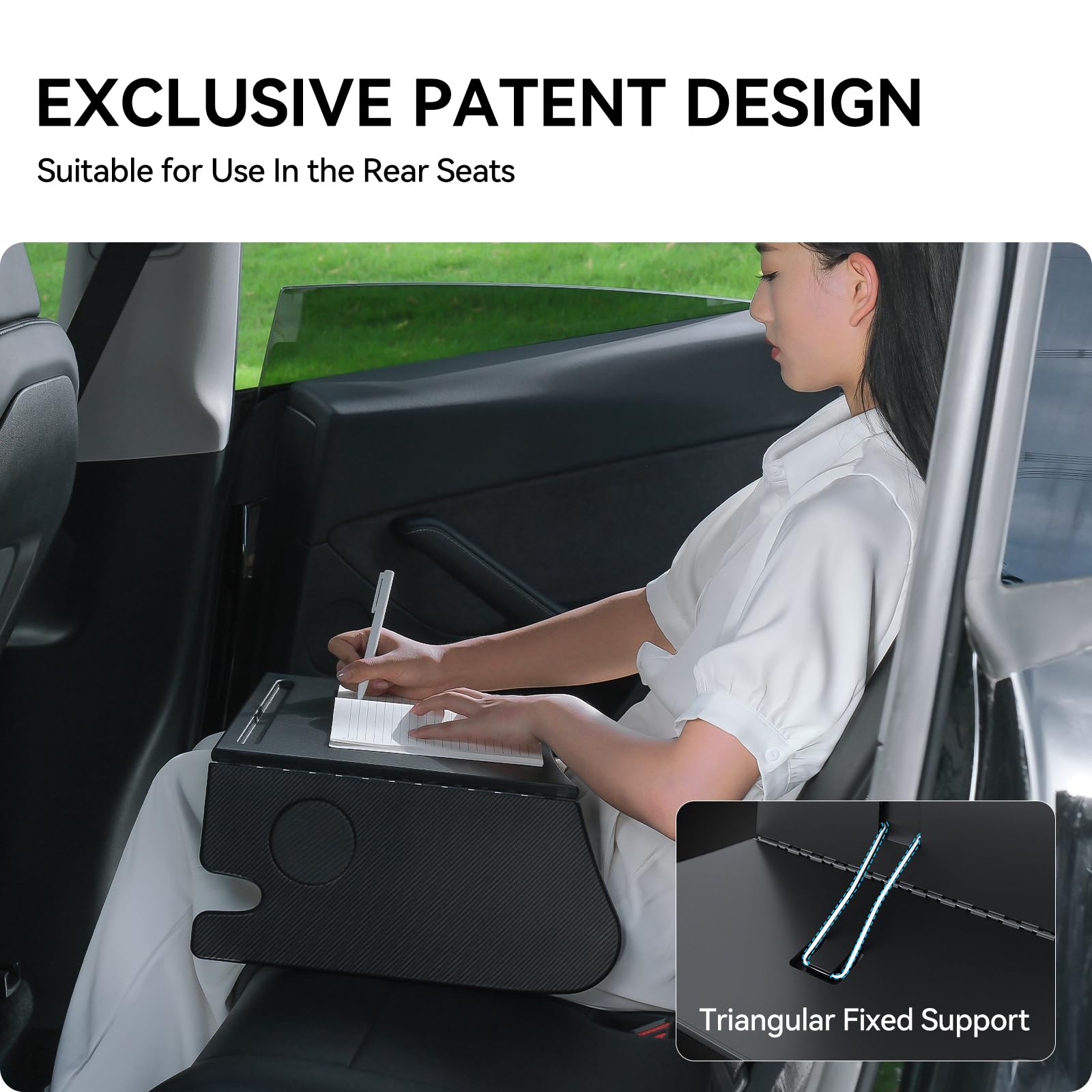 DSI - Foldable Desk Food Tray (Carbon Edition) for Tesla Model Y Model 3 S X Y Juniper- Upgraded Table with Support Leg for Dining, in-Car Work, Travel and Outdoor