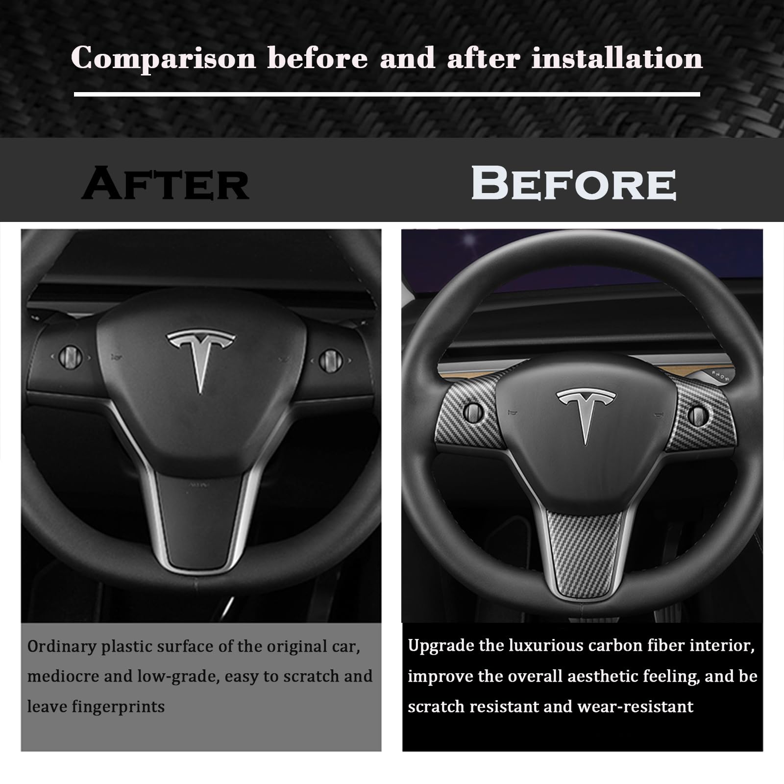 DSI - Steering Wheel Trim Cover for Tesla Model 3/Y, Interior Accessories Compatible with Tesla Model 3 Model Y (A-Matt Carbon Fiber Pattern)