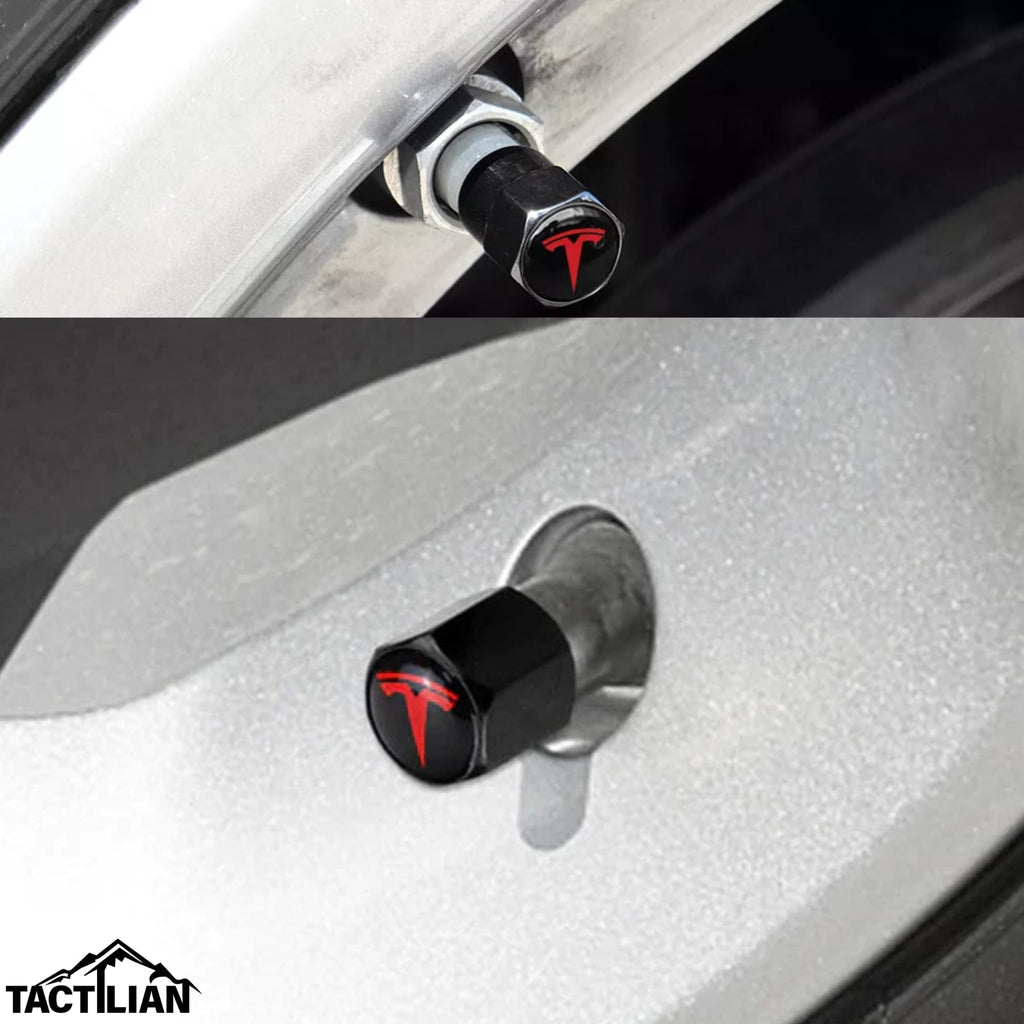 DSI - Red Tire Valve Stem Caps for Tesla Model 3, S, X, Y | Leakproof Aluminum Tire Valve Caps with Rubber O-Rings Compatible with Tesla Car Accessories | Tire Valve Stem Covers Tire Caps 4 Pack