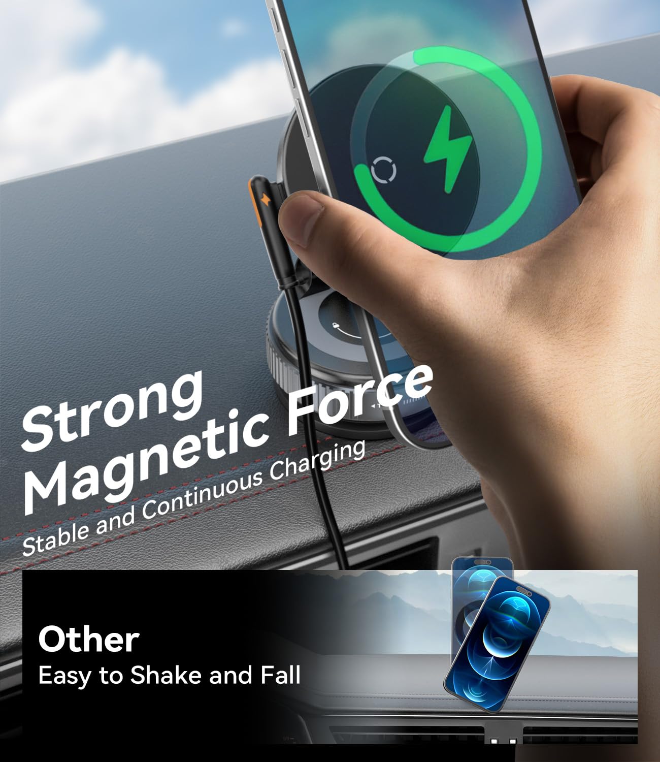 DSI - 15W for MagSafe Car Mount Charger, Magnetic Wireless Car Phone Holder for iPhone 17 16 15 14 13 12 Pro Max, 360° Adjustable iPhone Charger for Car with USB C Car Charger Adapter