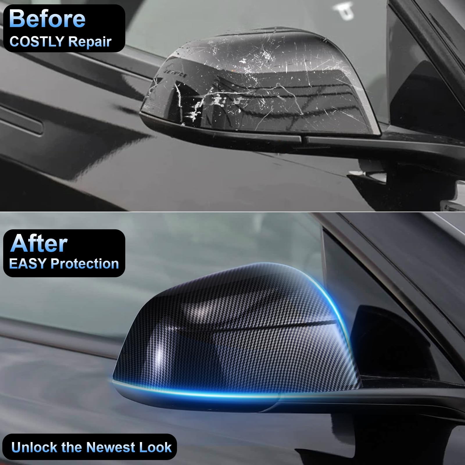 DSI - FITS Tesla Model Y Side Mirror Cover Caps 2021-2025 (Incl. Juniper), 2-Piece Aerodynamic Wind Blade Cover Set,Easy Install & Anti-Scratch Protector(Carbon Fiber Style)