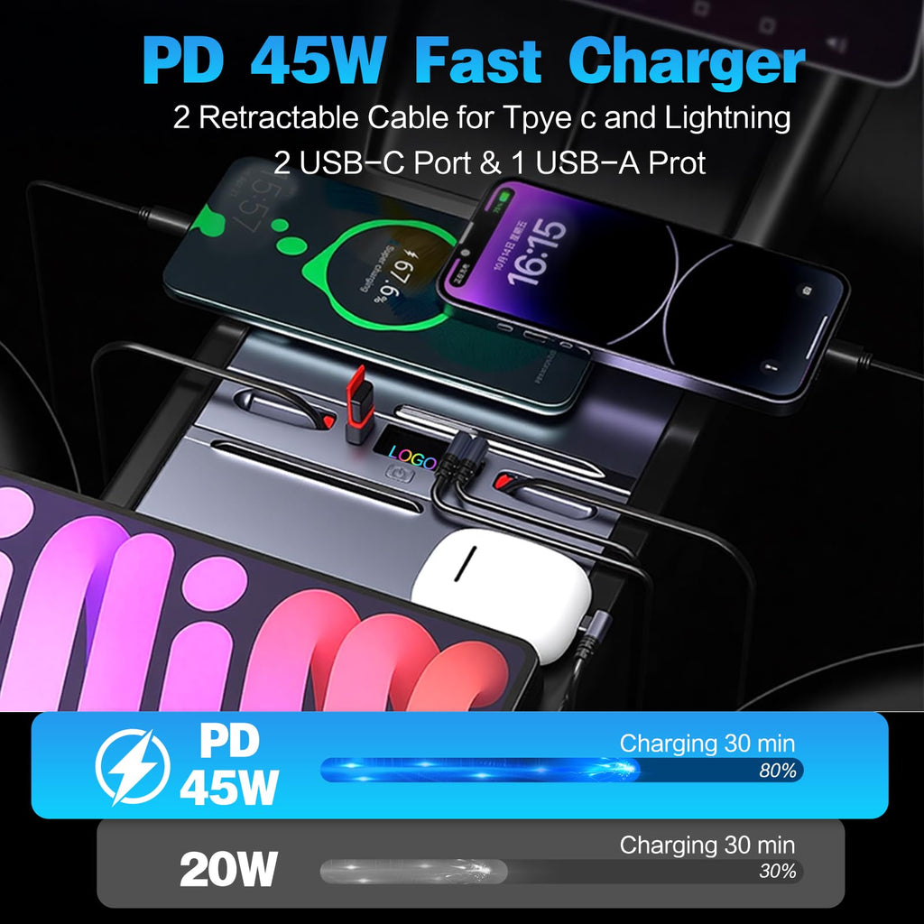 DSI - USB Hub for 2025 2026 Tesla Model Y Juniper 2024 2025 Tesla Model 3 Highland, Retractable Cable Fast Car Phone Charger, Tesla Center Console Accessories (Retractable Type-C & Lightning)