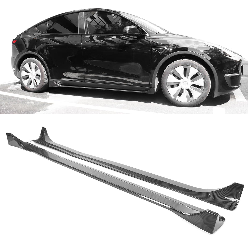 IKON MOTORSPORTS, Side Skirts Compatible with 2020-2024 Tesla Model Y, Carbon Fiber Print IKON Style ABS Plastic Side Skirt Extension Splitter Rocker Panel Pair, 2021