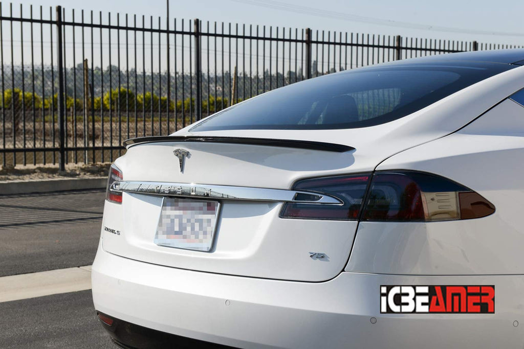 DSI - 100% Real Dry Carbon Fiber Spoiler Cover Cap - Gloss Finish - Weatherproof 3M Tape - Original Wing Fit - Tesla Model S (2012-2023) - Trunk Lip Tail Lid - OEM Performance