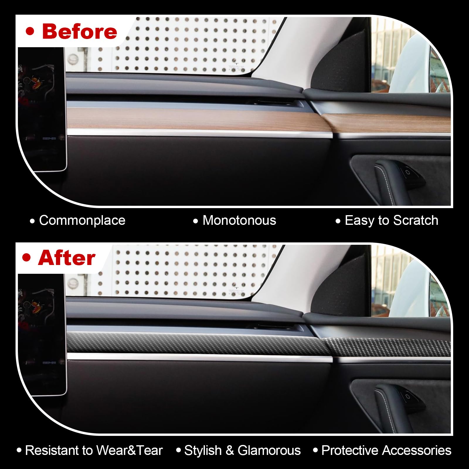 DSI - 9 PCS Carbon Fiber Interior Decor Trim Cover Kit Compatible with 2021-2023 Tesla Model 3 & 2019-2024 Model Y, Dashboard Cover Door Panel Cover Steering Lever Cover Steering Wheel Cover