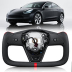 DSI - Heated Yoke Steering Wheel for Tesla Model 3 2017–2023, for Tesla Model Y 2020–2024, Black Nappa Leather DSI - WHEEL with Red Center Stripe, Hand-Stitched, 1:1 Factory Fitment