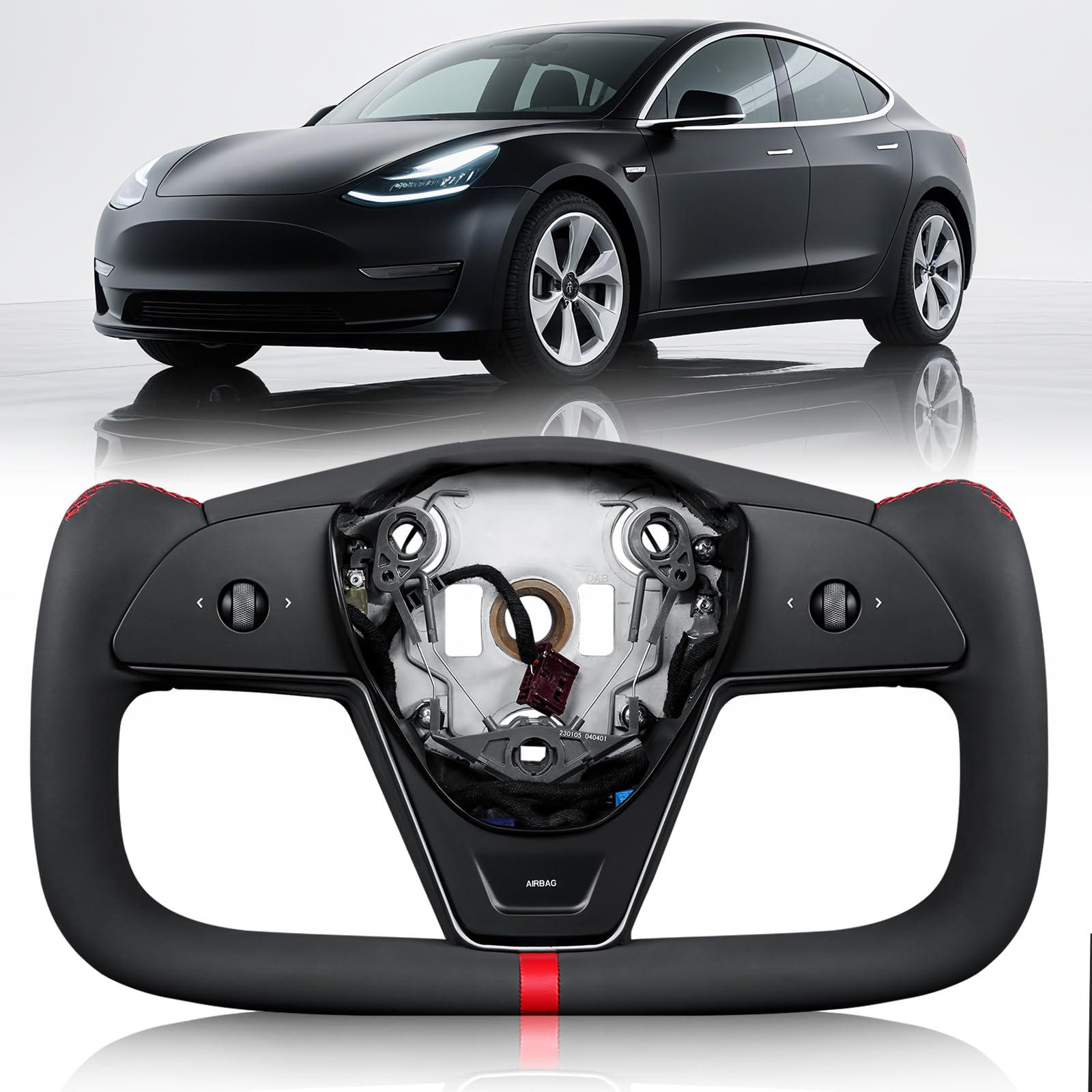 DSI - Heated Yoke Steering Wheel for Tesla Model 3 2017–2023, for Tesla Model Y 2020–2024, Black Nappa Leather DSI - WHEEL with Red Center Stripe, Hand-Stitched, 1:1 Factory Fitment