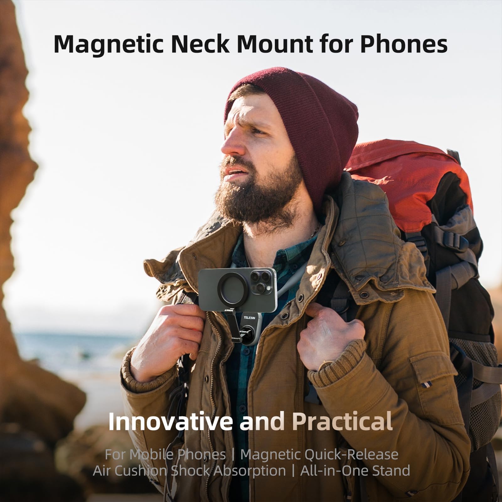 DSI - Magnetic Neck Mount for Phones, Neck Cell Phone Holder POV/Vlog Selfie Mount Hand Free Phone Neck Holder Chest Stand Strap Video Recording for iPhone 17 16 15 14 13 12 Series Android Phones