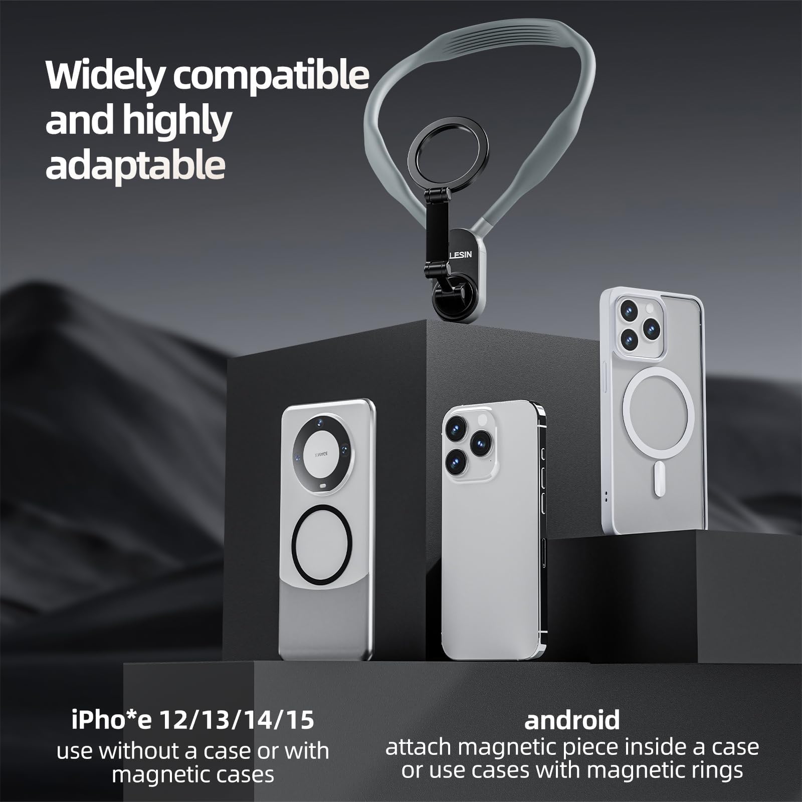 DSI - Magnetic Neck Mount for Phones, Neck Cell Phone Holder POV/Vlog Selfie Mount Hand Free Phone Neck Holder Chest Stand Strap Video Recording for iPhone 17 16 15 14 13 12 Series Android Phones
