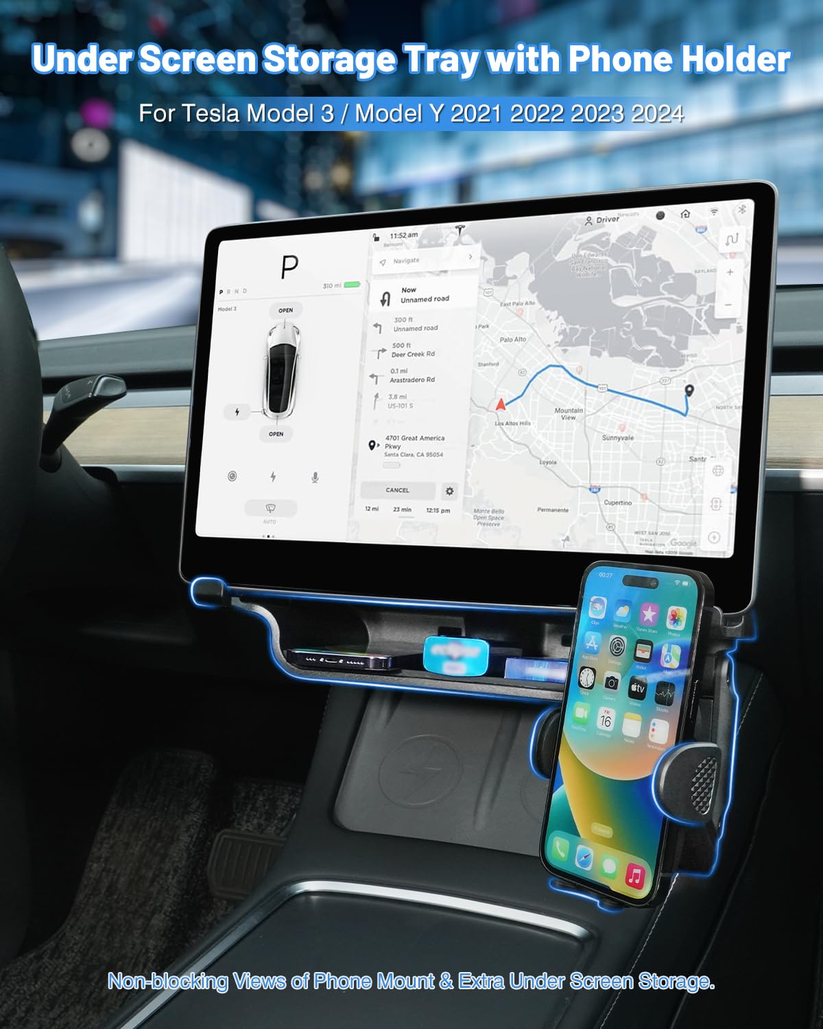 DSI - Under Screen Storage Tray with Phone Holder for Tesla Model 3/Model Y 2025 2024 2023 2022 2021 Center Console Organizer Storage Box Waterproof ABS Model 3 / Y Accessories Black 1PCS