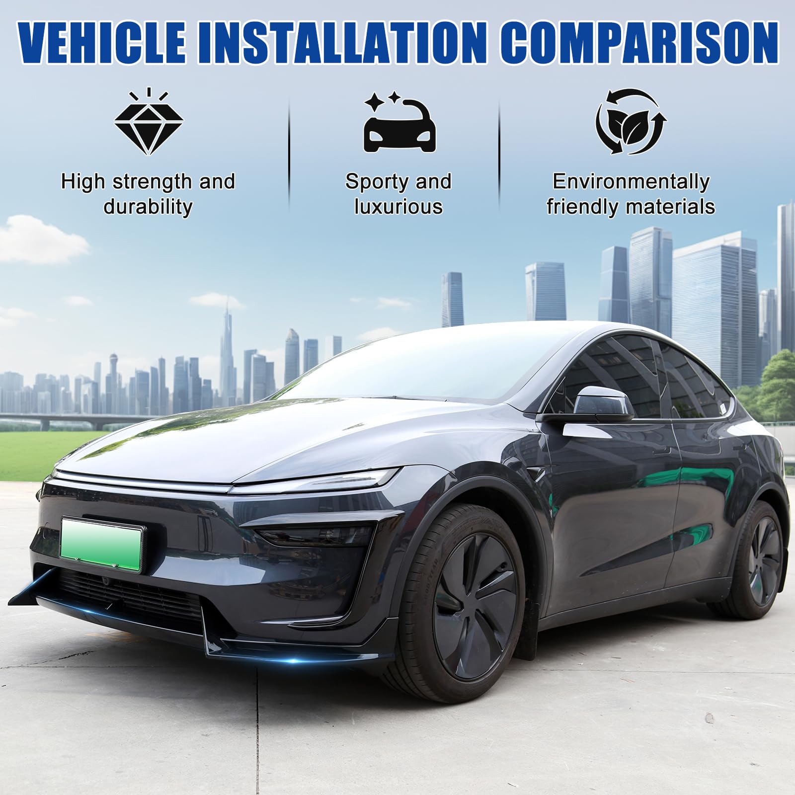 DSI - Front Bumper Lip for 2025 2026 Tesla Model Y Juniper, 3-Piece ABS Front Splitter Bumper Lip, Aerodynamic Stability, No-Drill Model Y Juniper Accessories (Glossy Black)