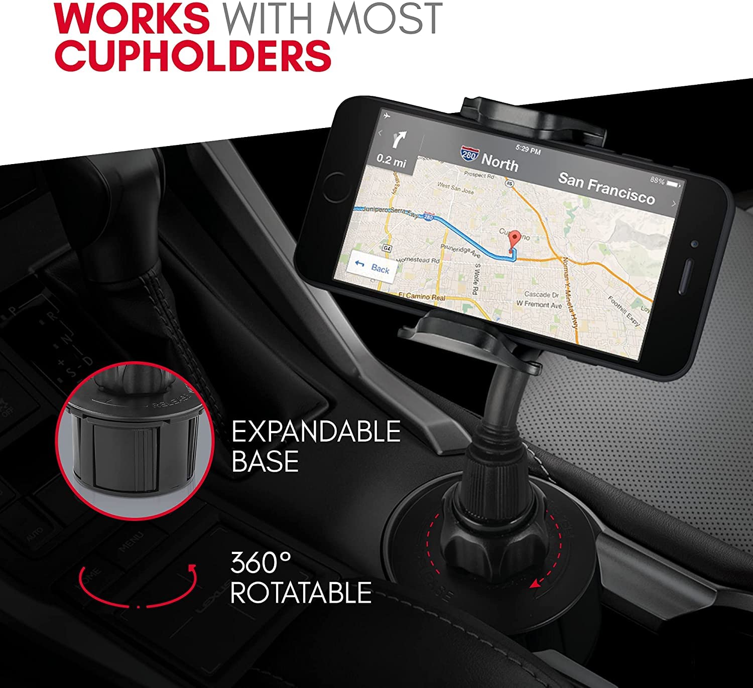 DSI - Car Cup Holder Phone Mount - Securely Holds Phones up to 4.1” Wide - Flexible Gooseneck & 360° Rotatable Cradle