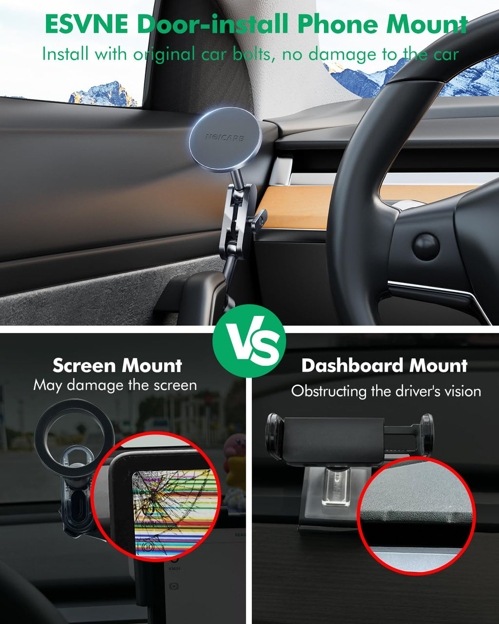 DSI - Mag-Safe Phone Mount for Tesla Model 3 2024 2025 – Exclusive Door-Install Magnetic Car Mount for iPhone 16/15/14/13/12, Accessories for Tesla Model 3 Highland