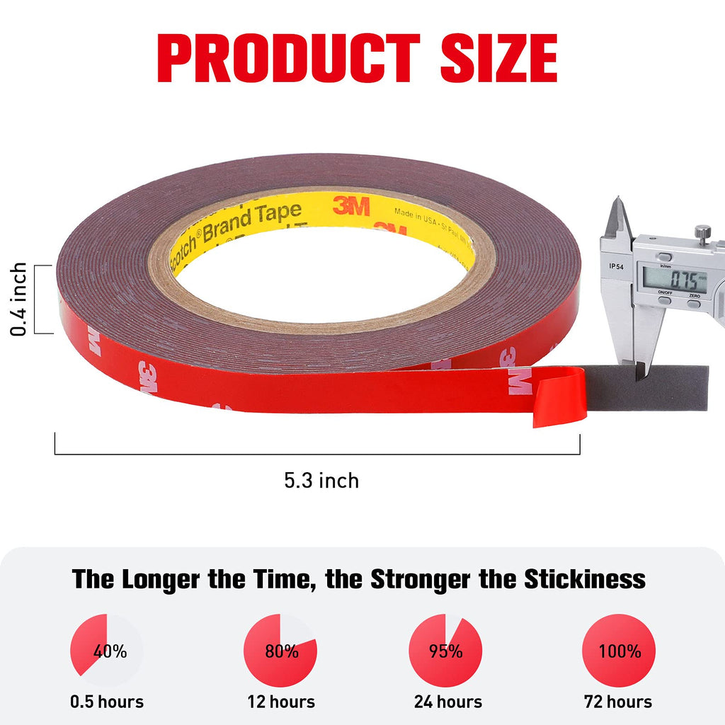 **Double Sided Tape Heavy Duty, Waterproof Mounting Foam Tape, 33ft Length, 0.4in Width, Strong Adhesive Tape for LED Strip Lights, Automotive, Home, Office Decor, Outdoor, Made of 3M VHB Tape