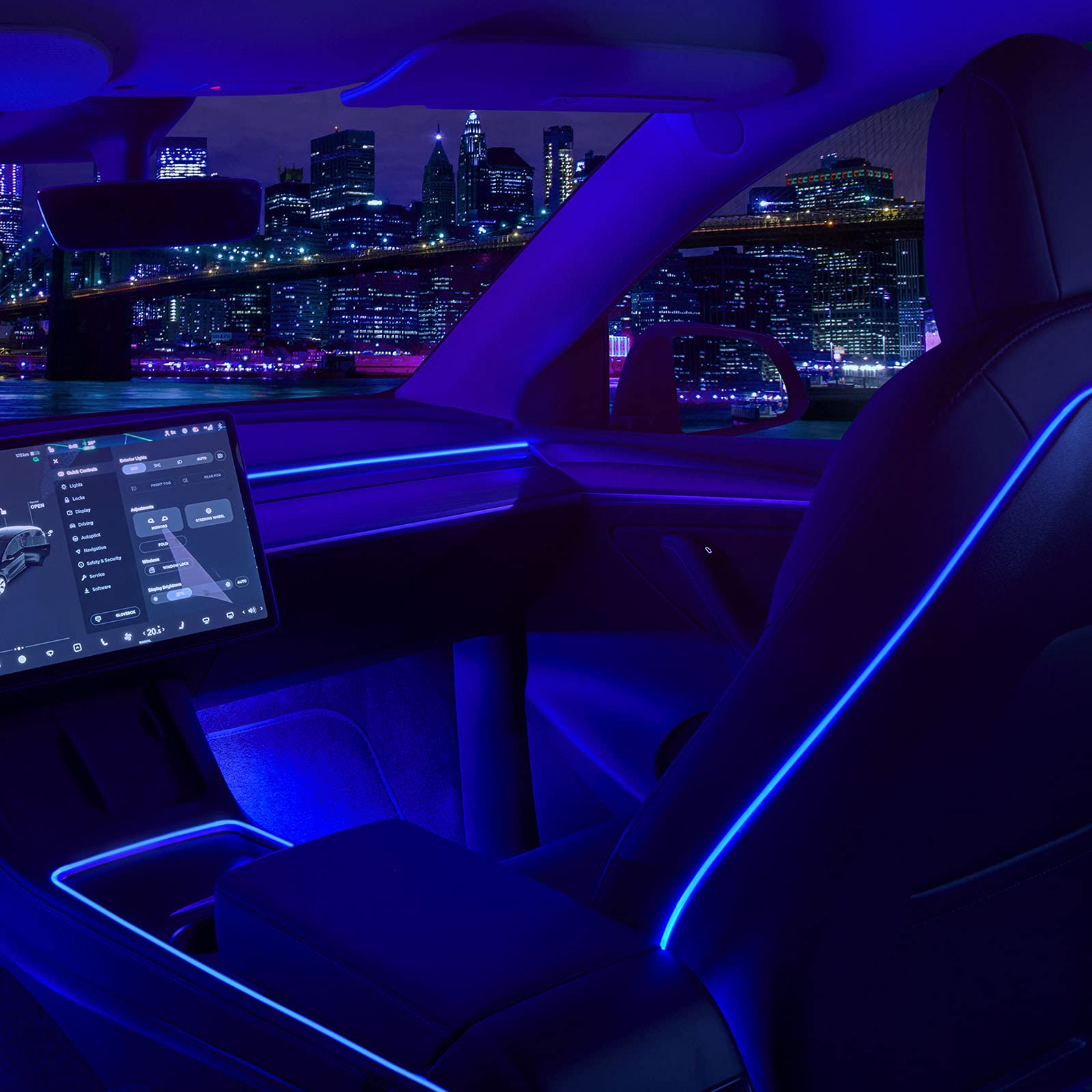 DSI - Interior Car Neon Light Fit for Tesla Model 3 Y 2021 2022 2023 (Center Console+Dashboard+Seat+4 Foot Lights) with Matching Armrest Organizer, Tesla Ambient Lights, APP-Controlled RGB LED