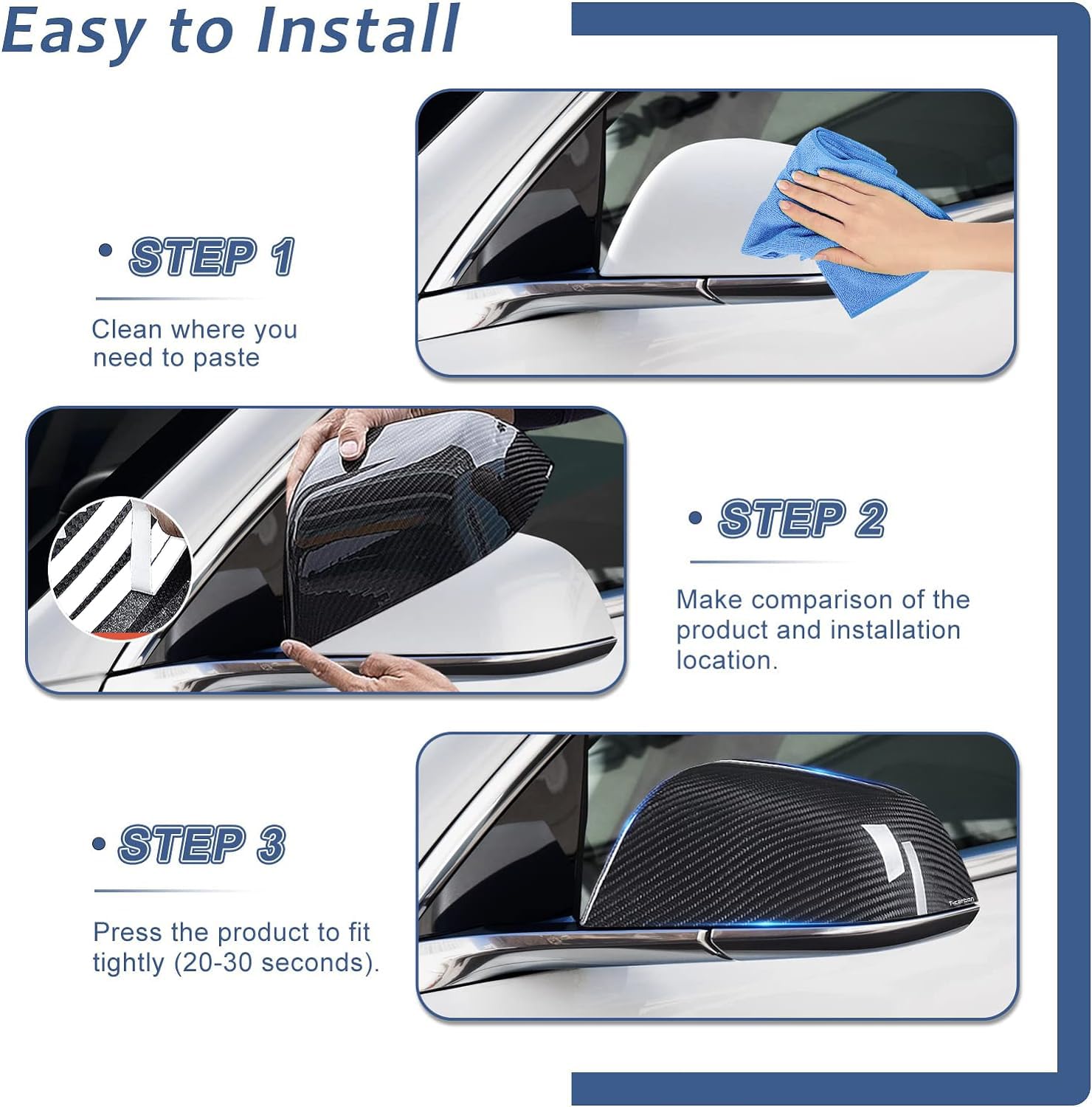 DSI - Real Carbon Fiber Side Mirror Cover Compatible with Tesla Model 3 Sedan 2017-2025, T-carbon Rearview Cover Compatible with Tesla Model 3 Exterior Mirror Caps Accessories (Black)