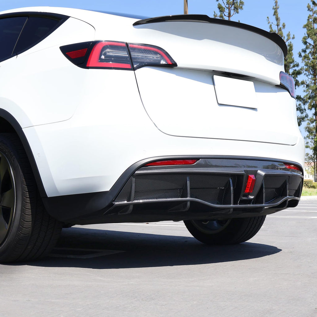DSI - Rear Diffuser with LED Light Fits 2020-2024 Tesla Model Y, Add-on Carbon Fiber Print PP IKON Style Rear Bumper Molding Protector Lip with LED Lamp