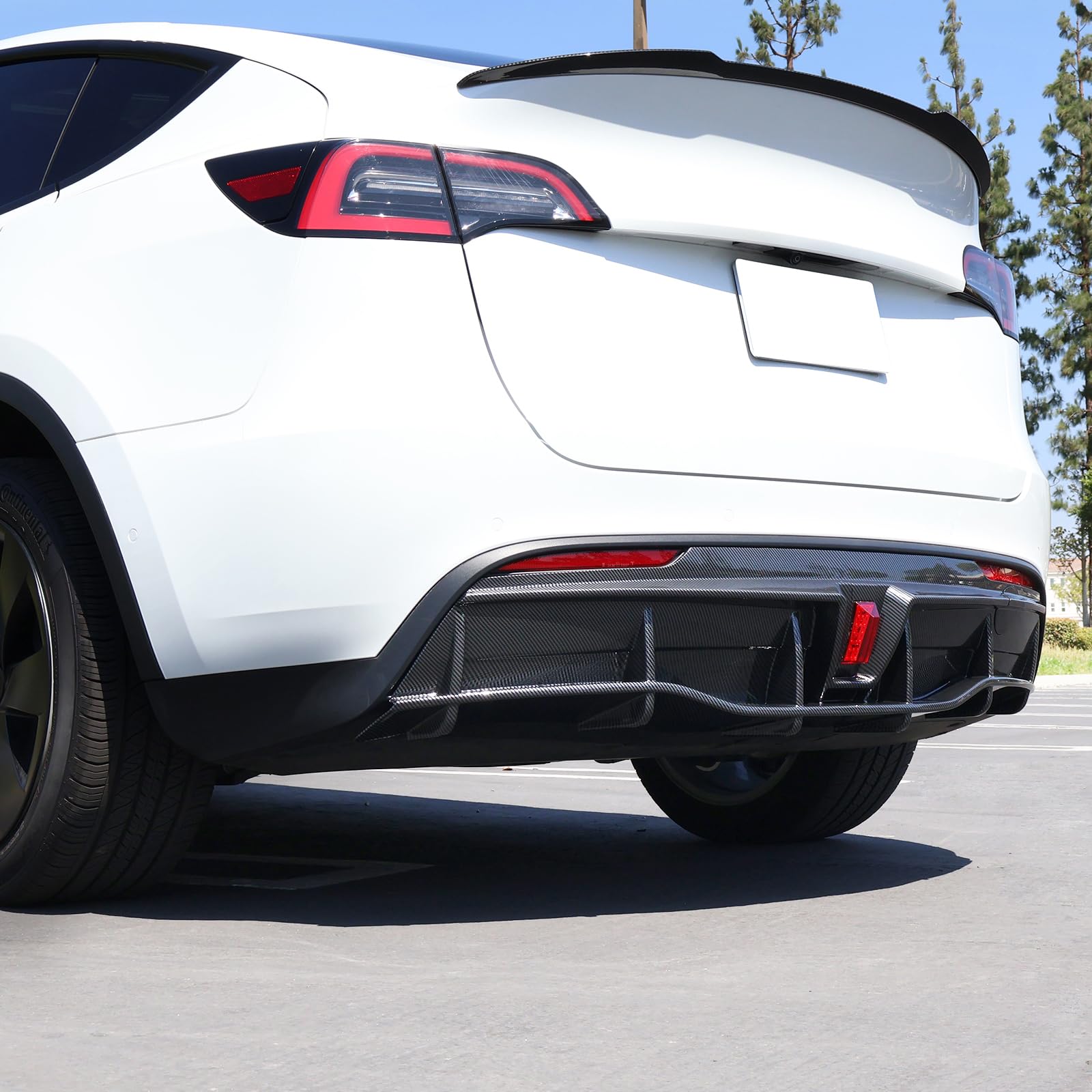 DSI - Rear Diffuser with LED Light Fits 2020-2024 Tesla Model Y, Add-on Carbon Fiber Print PP IKON Style Rear Bumper Molding Protector Lip with LED Lamp