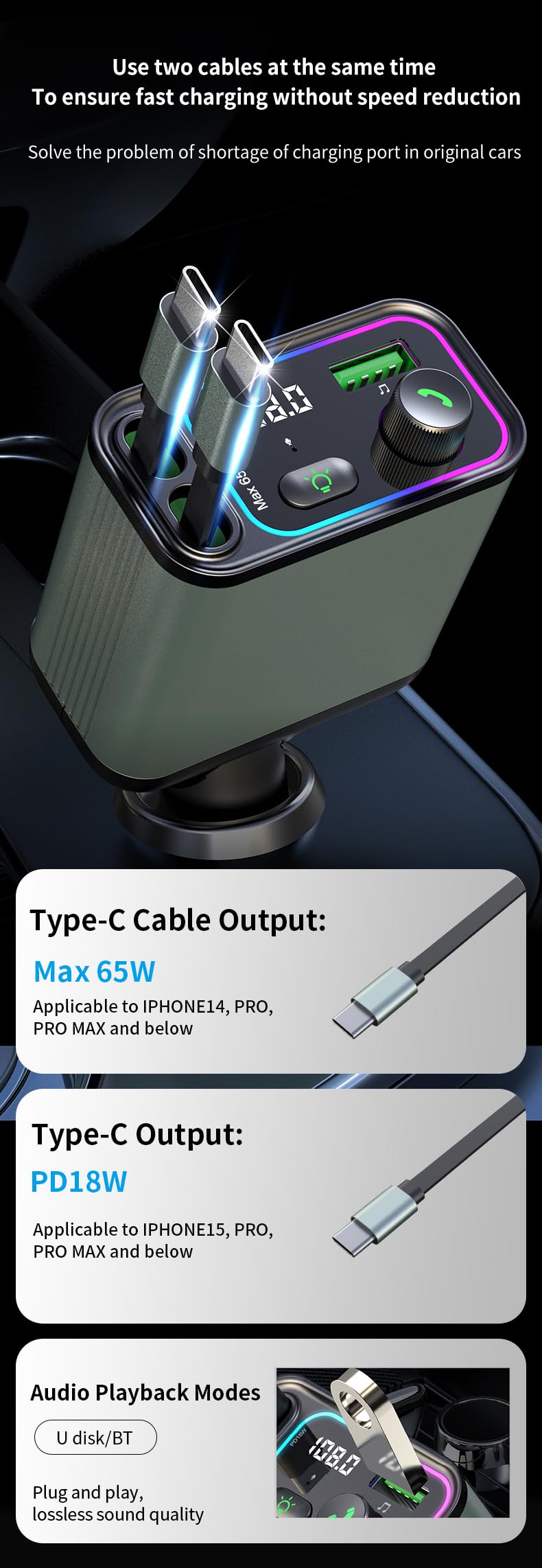 DSTAR - 3 in 1 Retractable Car Charger Adapter & FM Transmitter Bluetooth Mp3 Player- Max 65W + 18W with 2 PD Fast Charging,2 Retractable Cables & USB-A Music Playback for iPhone,iPad,Samsung,Pixel