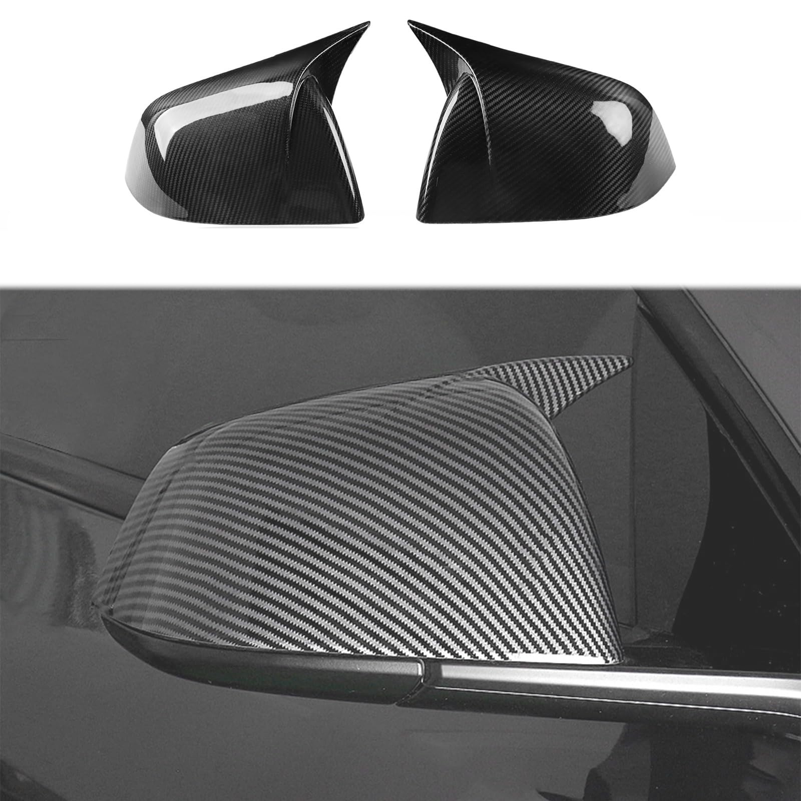 DSI - 2 Pieces Rearview Mirror Covers suitable for Tesla Model Y 2020-2024 Anti-Scratch Car Rearview Mirror Frame Replacement Decoration Sports Accessories - with horns carbon fiber
