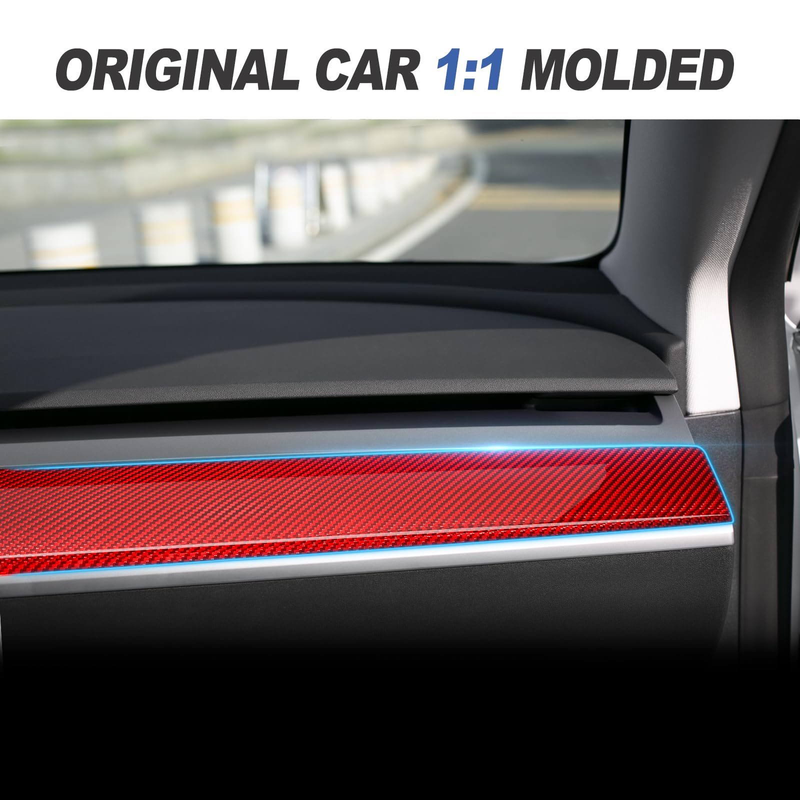 DSI - Real Glass Fiber Dashboard Trim Cover Compatible with Tesla Model 3 / Y 2017-2023, Dashboard Wrap Cover Compatible with Model 3 Interior Trim Strip Cover Model Y Accessories, Red