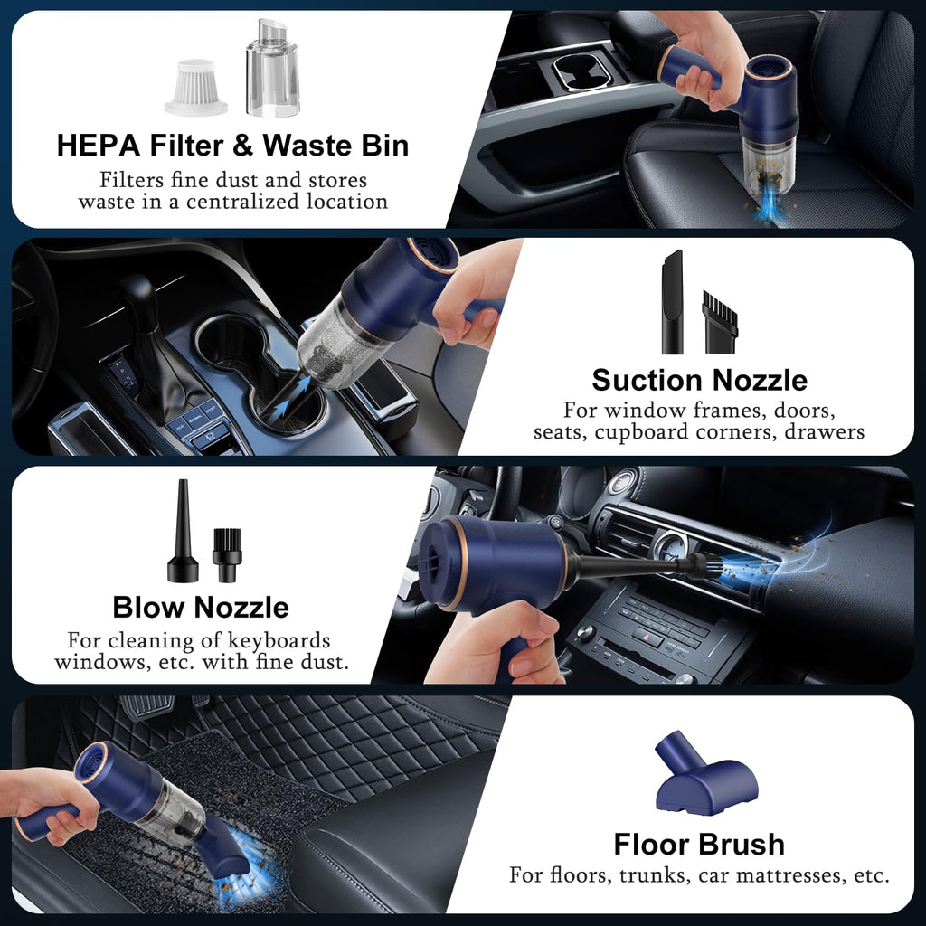 DSI - Handheld Car Vacuum Cleaner, 9000Pa Vacuum Cleaner and Air Duster, 120W High Power Hand Held Vacuum with LED Light and Multi-Nozzles for Car, Home, Office, Pet