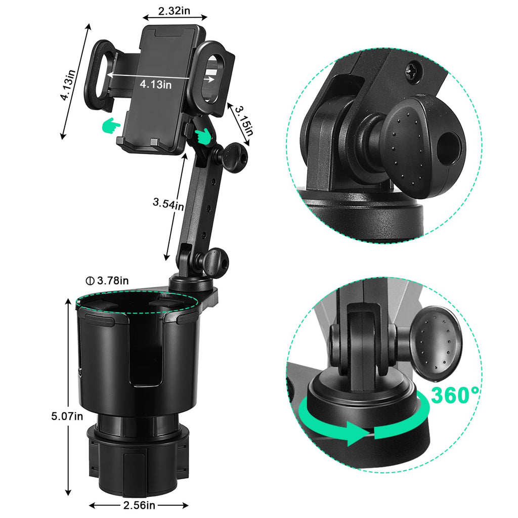 DSI - Car Cup Holder Expander Adjustable Base with Phone Mount 360° Rotation Cup Holder Cell Phone Holder for Car Compatible with iPhone All Smartphones
