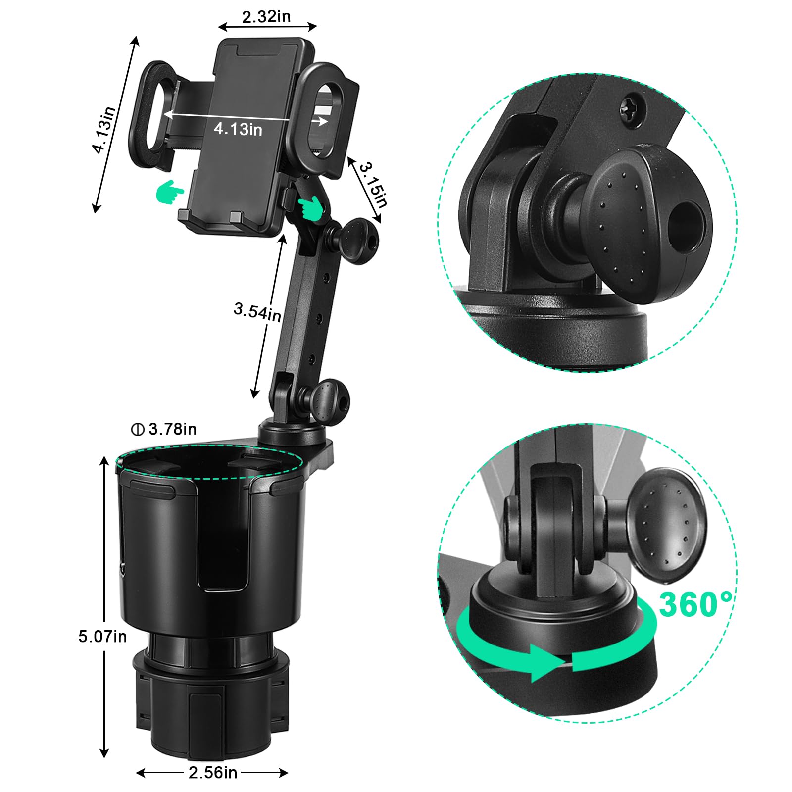 DSI - Car Cup Holder Expander Adjustable Base with Phone Mount 360° Rotation Cup Holder Cell Phone Holder for Car Compatible with iPhone All Smartphones