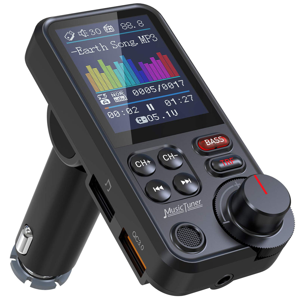 DSTAR - Bluetooth Car Adapter 1.8" Color Screen Strong Mic, QC3.0 Fast Charger Wireless FM Radio Transmitter with Treble & Bass Sound Music Player, Hands-Free Calls, Supports AUX/TF Card/USB Drive