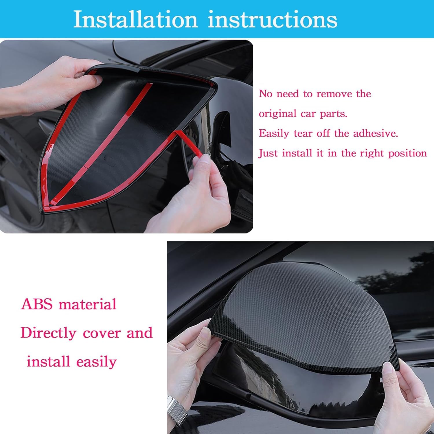 DSI - 2 Pieces Rearview Mirror Covers suitable for Tesla Model Y 2020-2024 Anti-Scratch Car Rearview Mirror Frame Replacement Decoration Sports Accessories - with horns carbon fiber