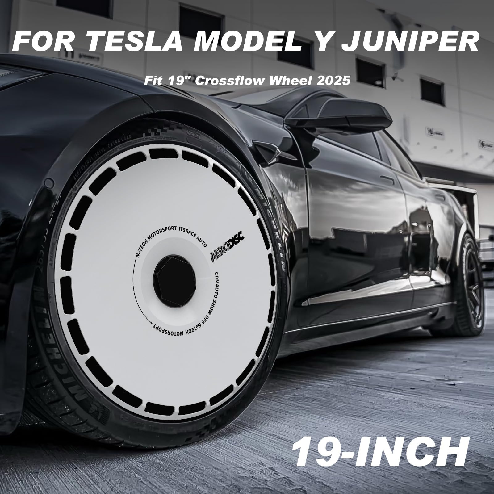DSI - 19 Inch Wheel Covers for Tesla Model Y Juniper Crossflow Wheels 2025, Centers Lock Installation Rim Protector, Full Coverage Hubcaps Exterior Accessories (White Ring, 4 PCS)