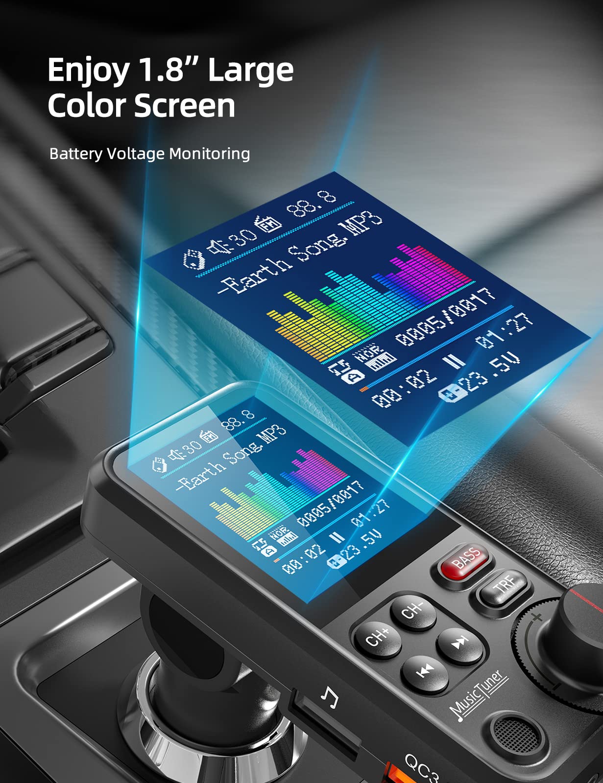 DSTAR - Bluetooth Car Adapter 1.8" Color Screen Strong Mic, QC3.0 Fast Charger Wireless FM Radio Transmitter with Treble & Bass Sound Music Player, Hands-Free Calls, Supports AUX/TF Card/USB Drive