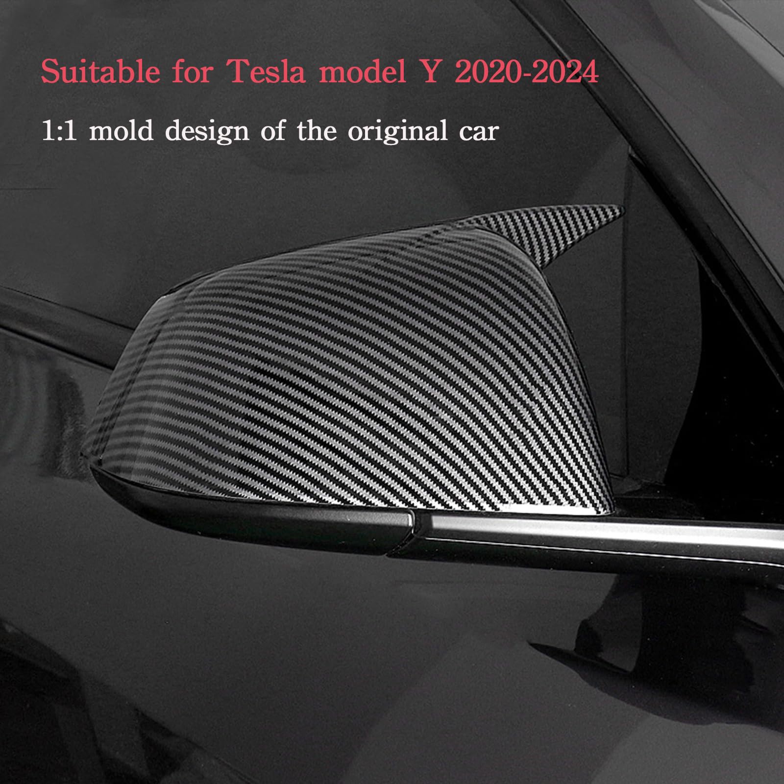 DSI - 2 Pieces Rearview Mirror Covers suitable for Tesla Model Y 2020-2024 Anti-Scratch Car Rearview Mirror Frame Replacement Decoration Sports Accessories - with horns carbon fiber