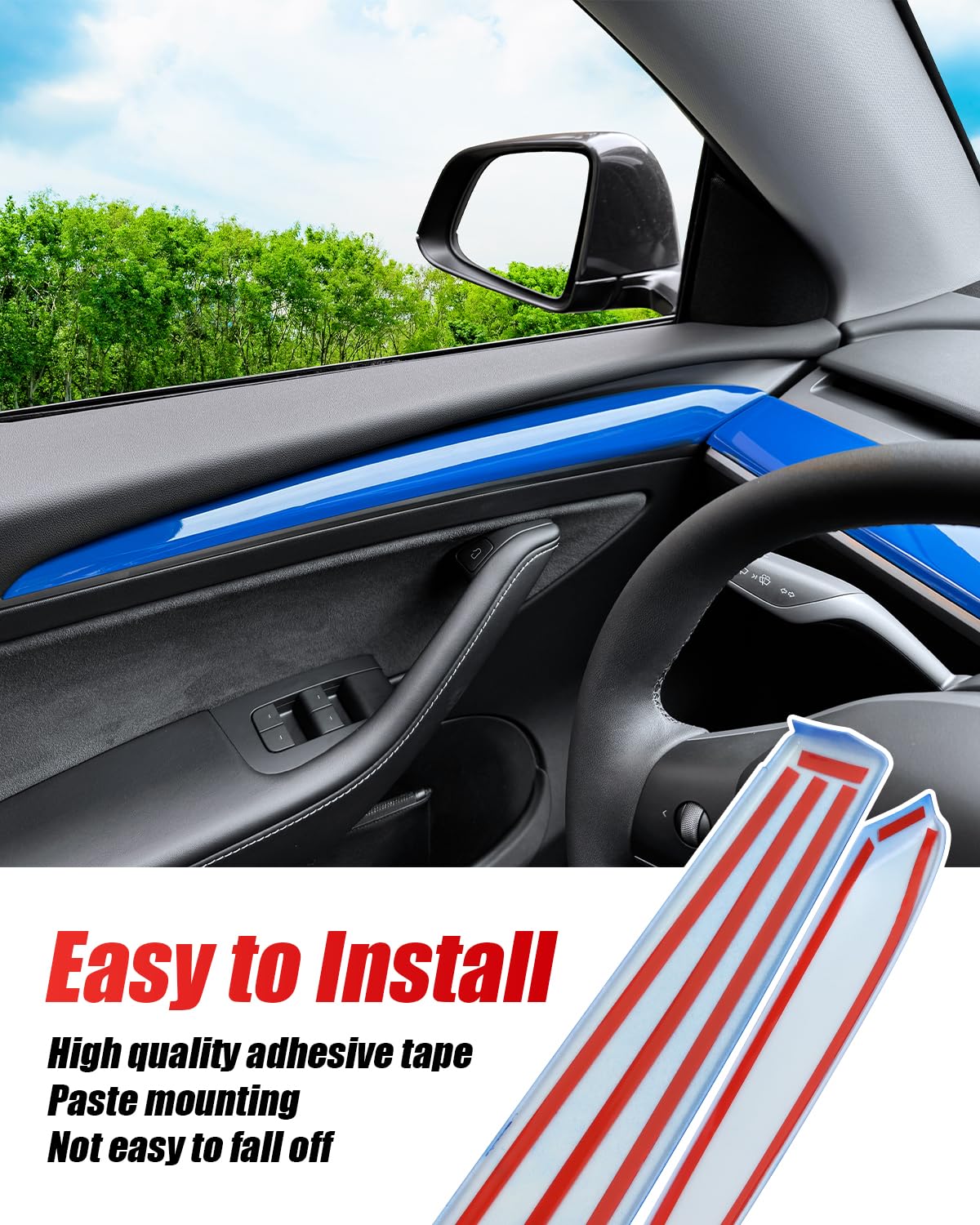 DSI - Dashboard Cover Wrap and Front Door Inner Armrest Panel Cover Trim Compatible with Tesla Model 3 2021-2023 Model Y 2020-2025, **NOT for Performance model (Glossy Blue, 4pcs)
