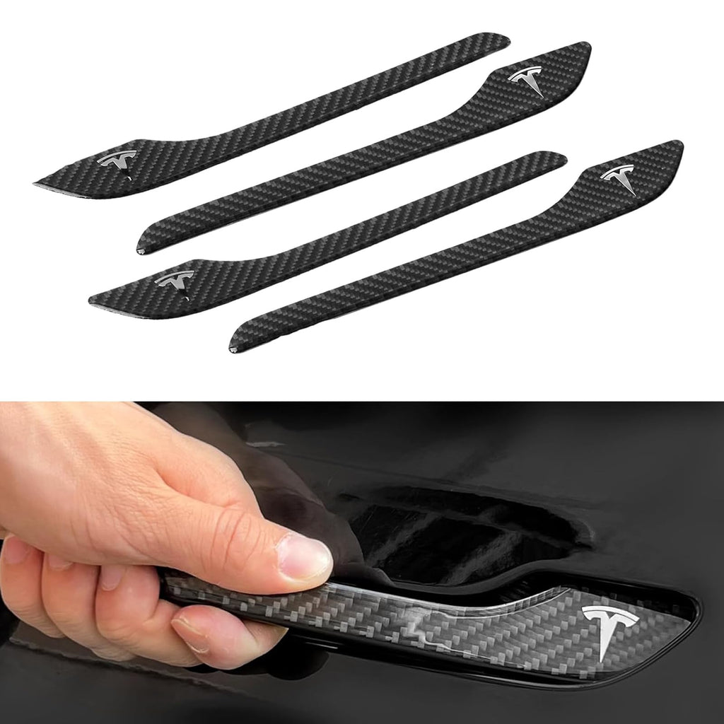 DSI - 4PCS Door Handle Cover Compatible with Tesla Model 3 (2019-2025) Highland Model Y (2020-2026) Juniper Real Carbon Fiber 3D Sticker Wrap Covers Exterior Trim Door Sill Protector Accessories (Black)