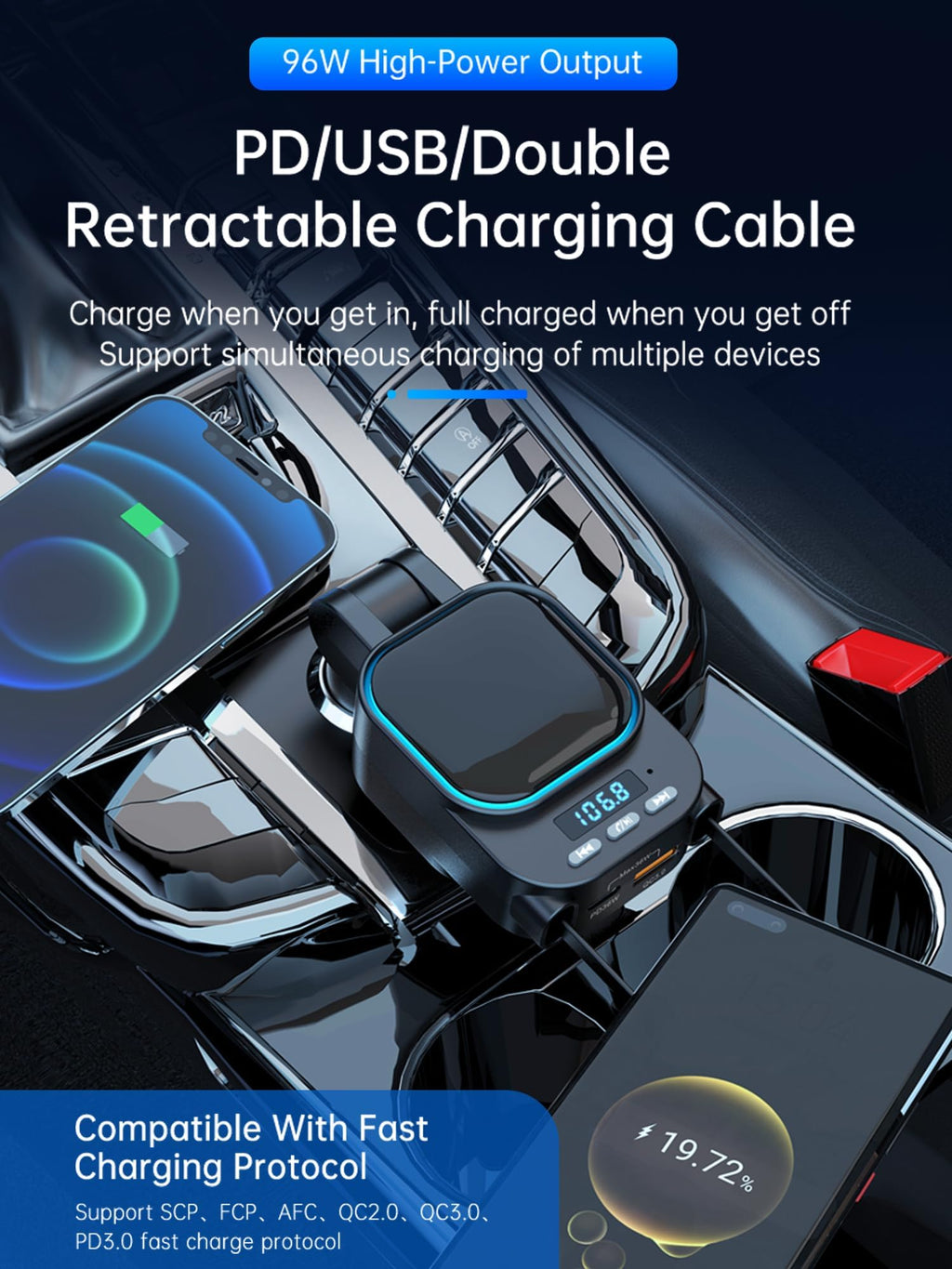 DSI - Retractable Car Charger 96W with Bluetooth Car Adapter, 4 in 1 Fast Charging, Radio Bluetooth 5.3 FM Transmitter, Handsfree Calling, USB C Phone car Charger Adapter for iPhone 16 15 14 13 12