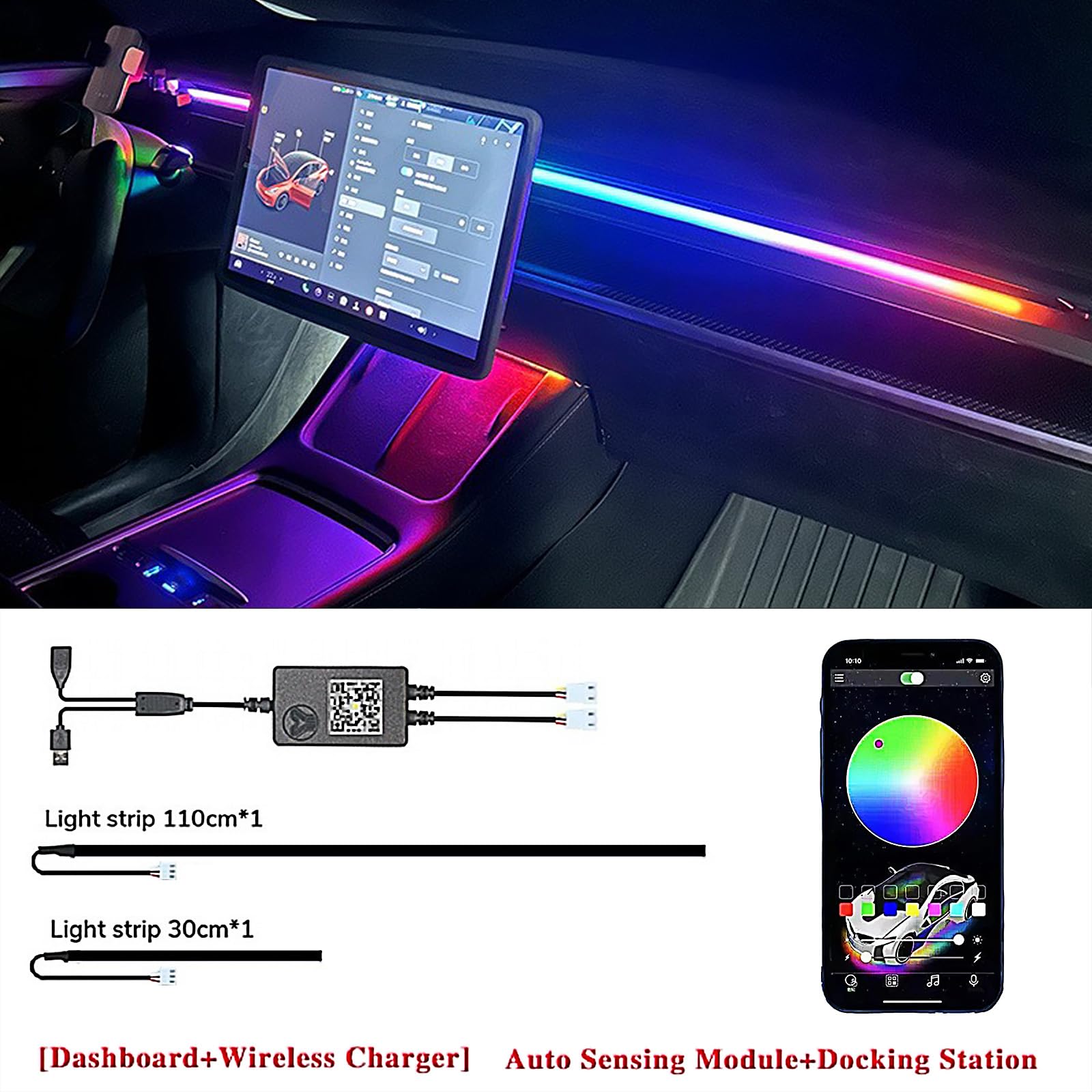 DSTAR - LED Car Ambient Lighting Strip for Tesla High Brightness with APP Control Multiple Colors and Car LED Strip Lighting Neon Lights for Model 3/Y (Dashboard& Center Console)