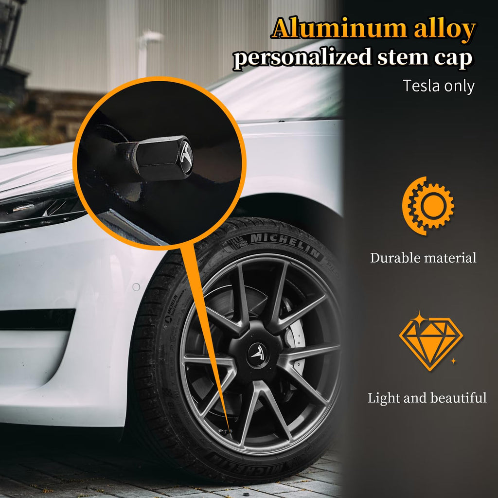 DSI - 5 Pack Tire Valve Stem Caps Leakproof Aluminum Chrome Tire Valve Caps with Rubber O-Rings Compatible with for Tesla Model 3, S, X, Y (White Logo)