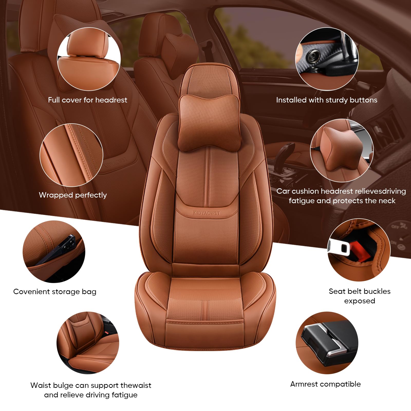 BASIC -  Auto Car Seat Covers Accessories Full Set Leather Cushion Protector Breathable Waterproof Seat Cover for Cars Universal Fit (Brown, Front Pair and Rear)