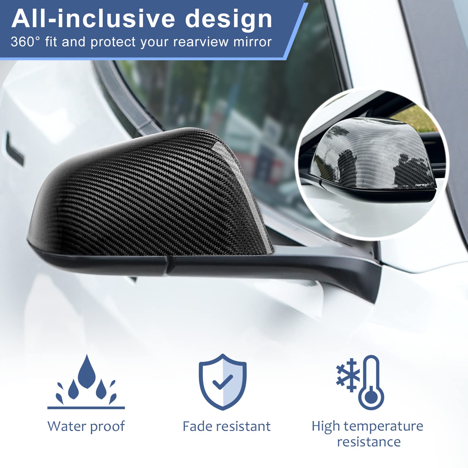 DSI - Real Carbon Fiber Side Mirror Cover Compatible with Tesla Model 3 Sedan 2017-2025, T-carbon Rearview Cover Compatible with Tesla Model 3 Exterior Mirror Caps Accessories (Black)