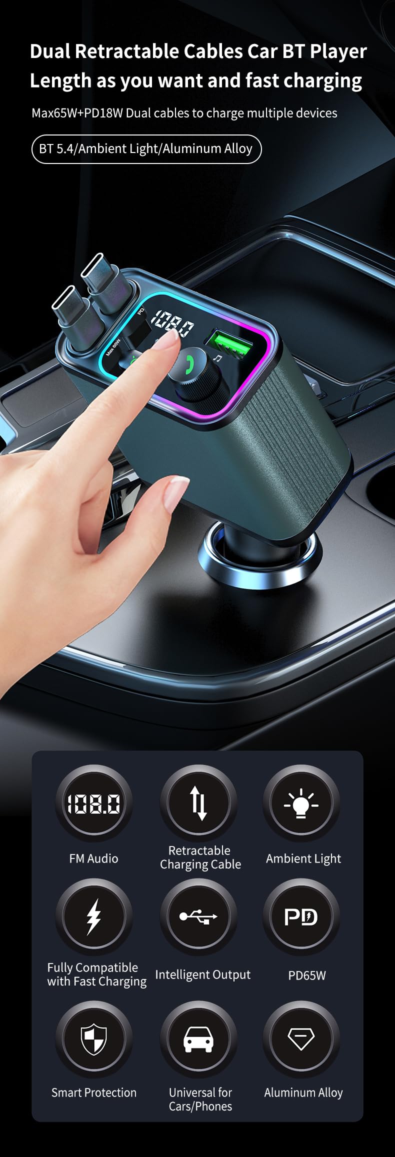 DSTAR - 3 in 1 Retractable Car Charger Adapter & FM Transmitter Bluetooth Mp3 Player- Max 65W + 18W with 2 PD Fast Charging,2 Retractable Cables & USB-A Music Playback for iPhone,iPad,Samsung,Pixel