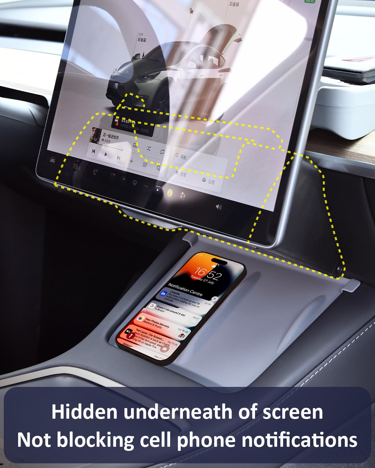DSI - Under Screen Storage Organizer for Tesla Model Y Model 3 Accessories(include Juniper & Highland), Rattle-Free Push Latch Mechanism Perfect Fit, Tissue Dispenser, Hidden for Personal Valuables