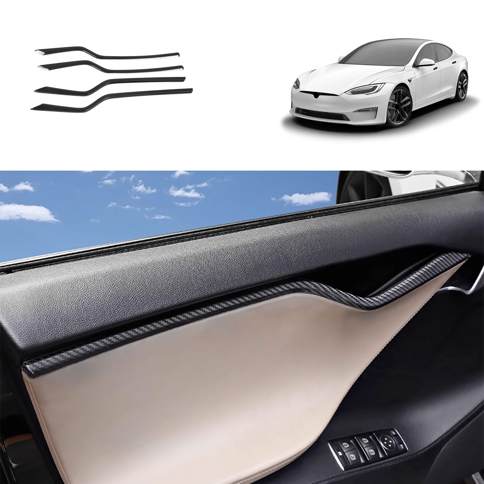 DSI - Car Accessories Compatible with Tesla Model S 2020 2019 2018 2017 Door Inner Armrest Frame Handle Panel Cover Trims ABS 8PCS(Carbon Fiber Style)