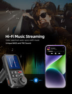 DSTAR - Bluetooth Car Adapter 1.8" Color Screen Strong Mic, QC3.0 Fast Charger Wireless FM Radio Transmitter with Treble & Bass Sound Music Player, Hands-Free Calls, Supports AUX/TF Card/USB Drive