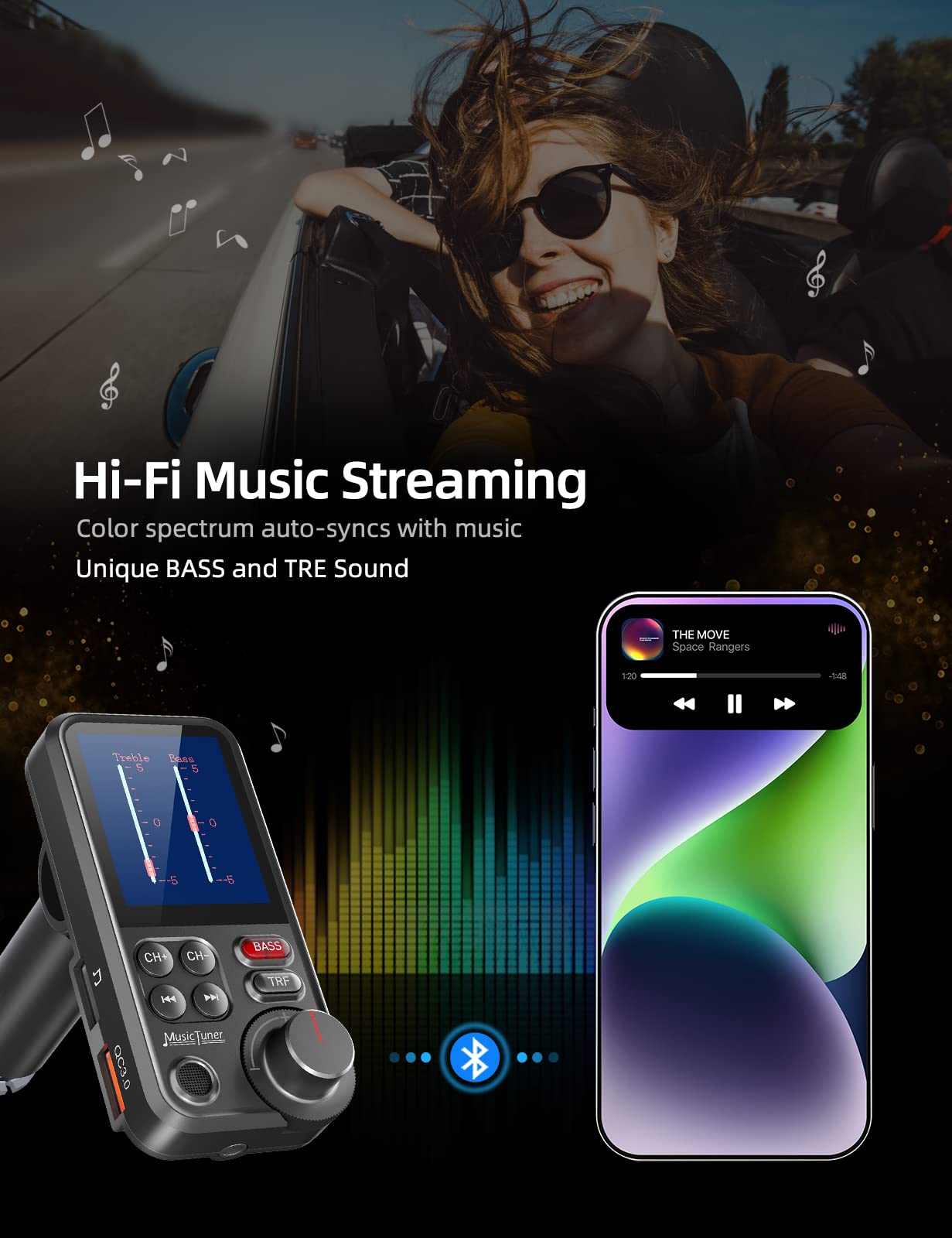 DSTAR - Bluetooth Car Adapter 1.8" Color Screen Strong Mic, QC3.0 Fast Charger Wireless FM Radio Transmitter with Treble & Bass Sound Music Player, Hands-Free Calls, Supports AUX/TF Card/USB Drive