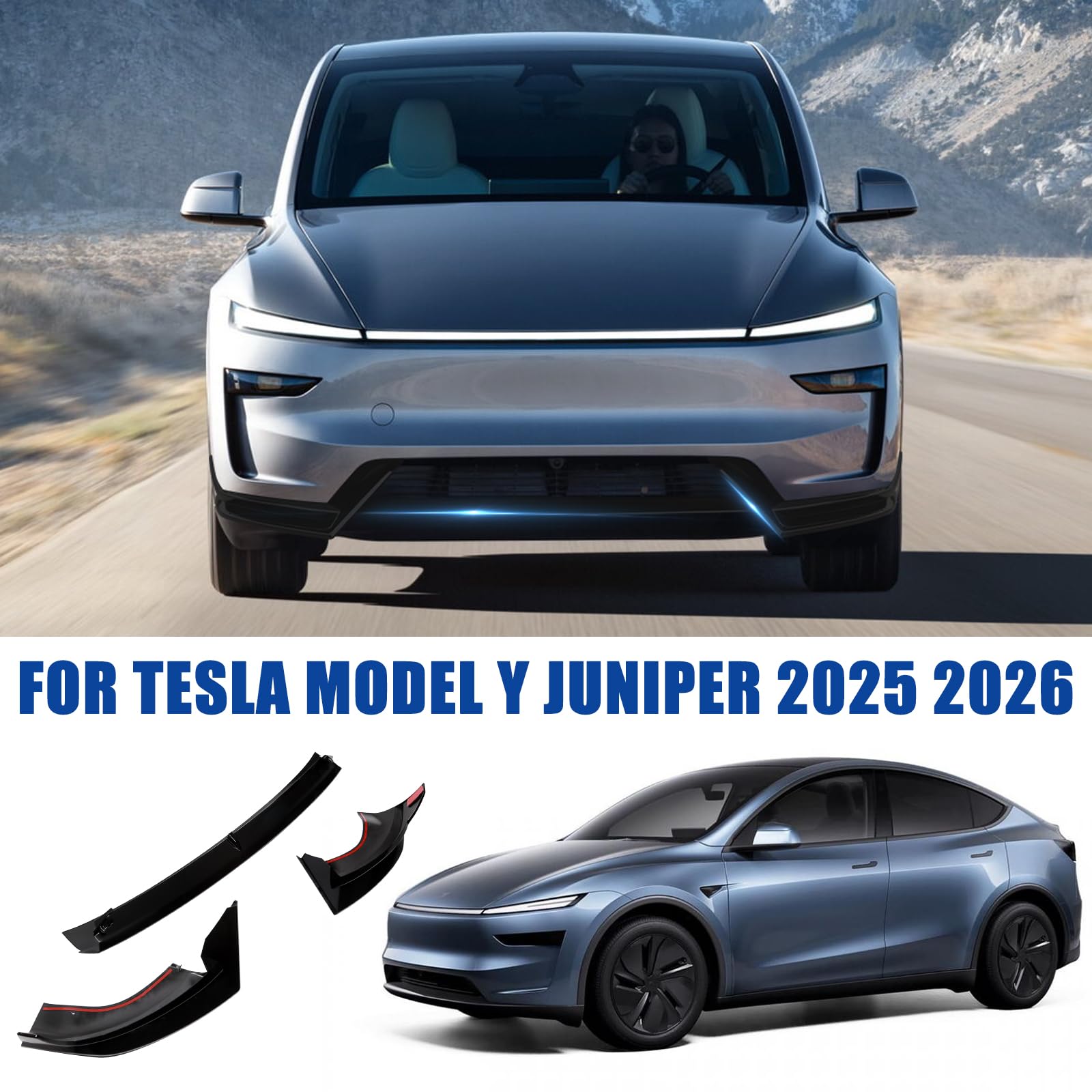 DSI - Front Bumper Lip for 2025 2026 Tesla Model Y Juniper, 3-Piece ABS Front Splitter Bumper Lip, Aerodynamic Stability, No-Drill Model Y Juniper Accessories (Glossy Black)