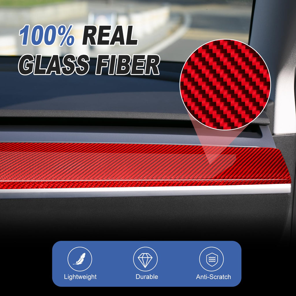 DSI - Real Glass Fiber Dashboard Trim Cover Compatible with Tesla Model 3 / Y 2017-2023, Dashboard Wrap Cover Compatible with Model 3 Interior Trim Strip Cover Model Y Accessories, Red